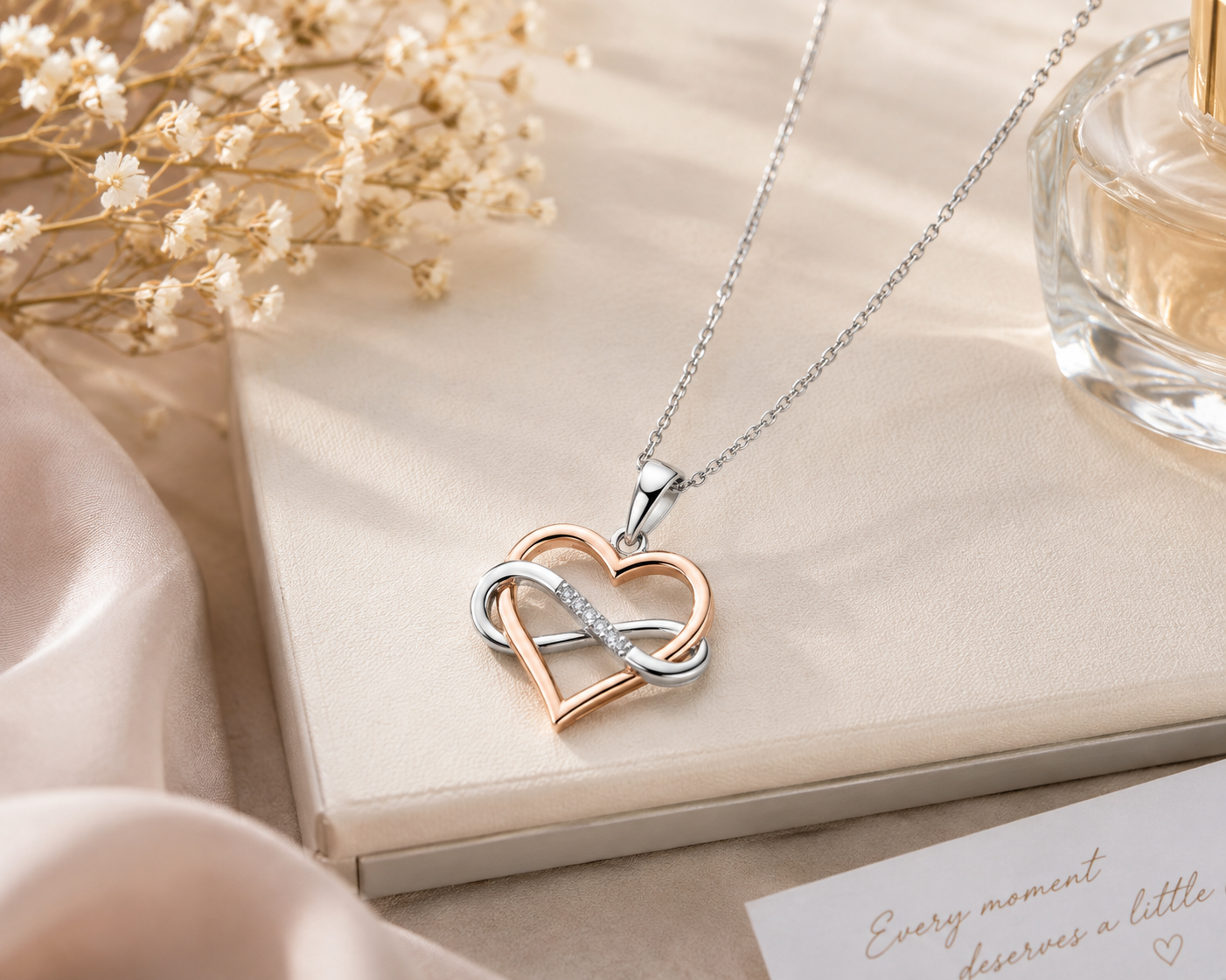 Romantic Heart & Infinity Pendant – Sterling Silver with clear Cubic Zirconia