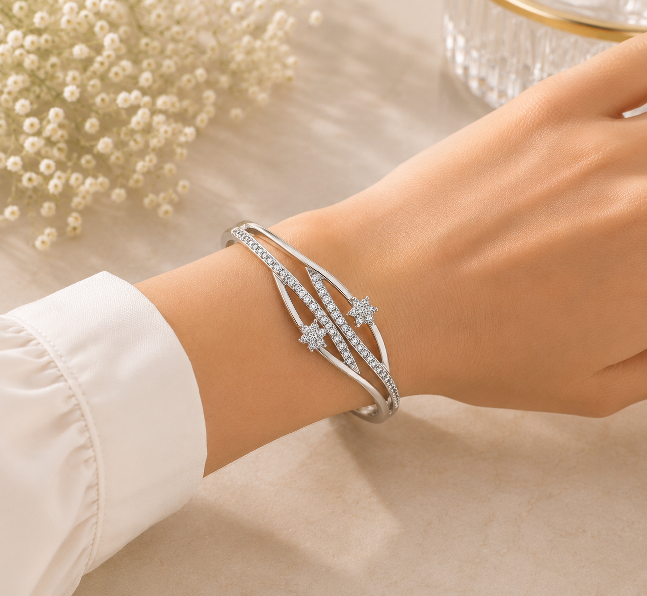Celestial Crossover Pavé Bangle – 925 Sterling Silver