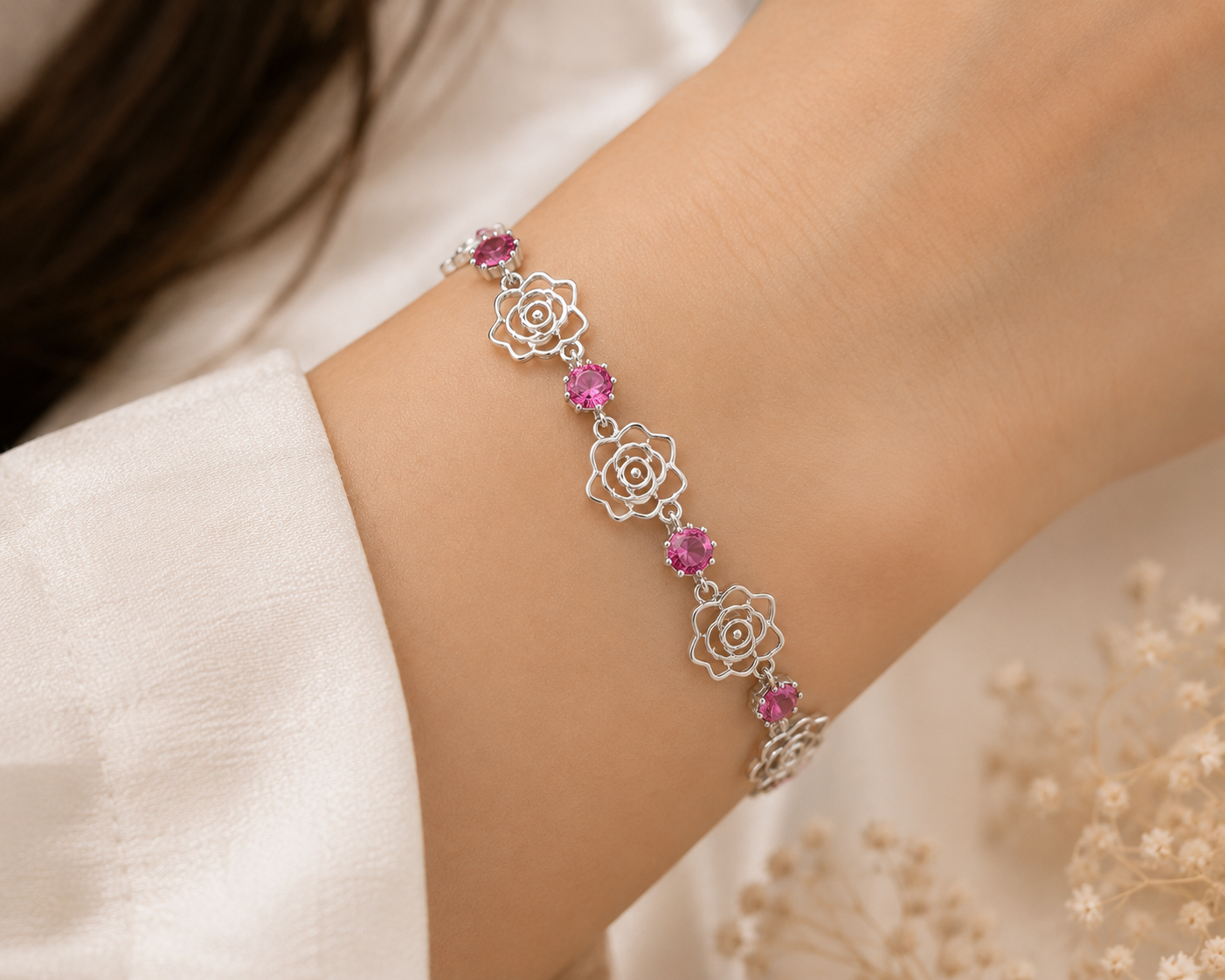 Rose Garden Pink Stone Sterling Silver Bracelet
