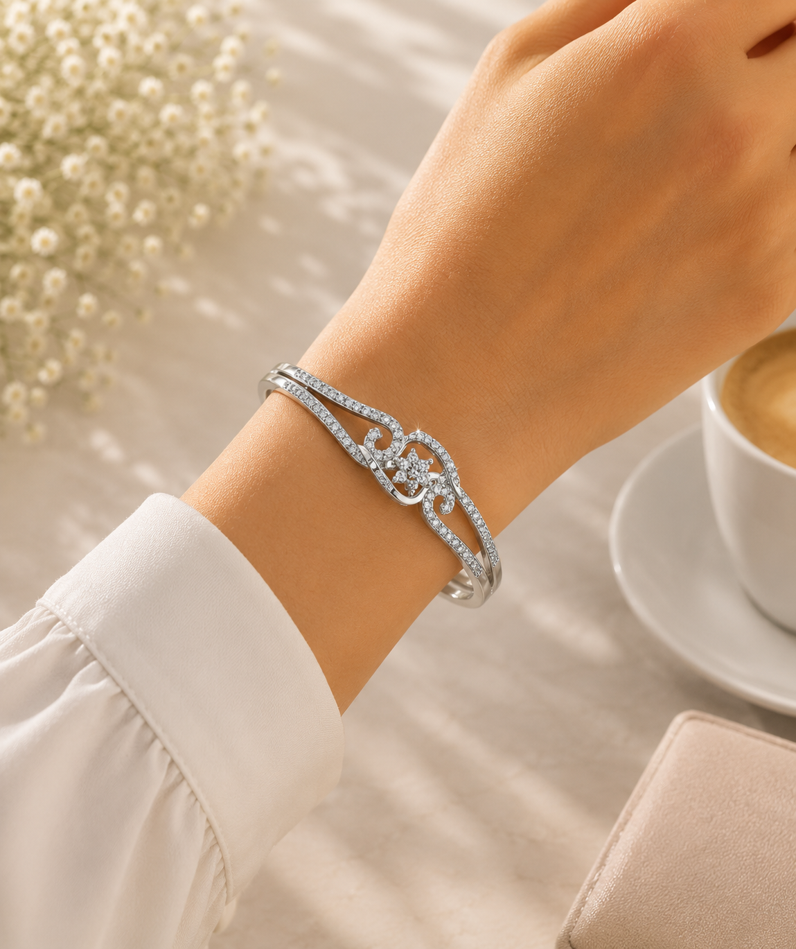 Elegant Infinity Twist Stone Bangle Bracelet – White Gold Plated