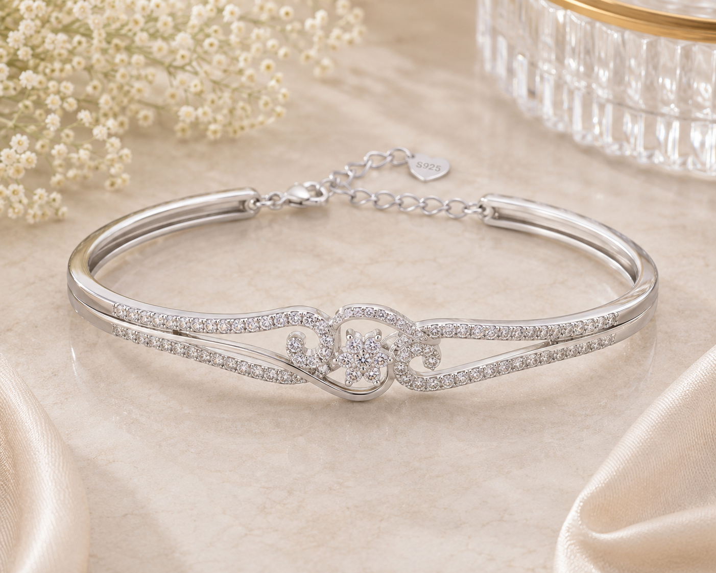Elegant Infinity Twist Stone Bangle Bracelet – White Gold Plated