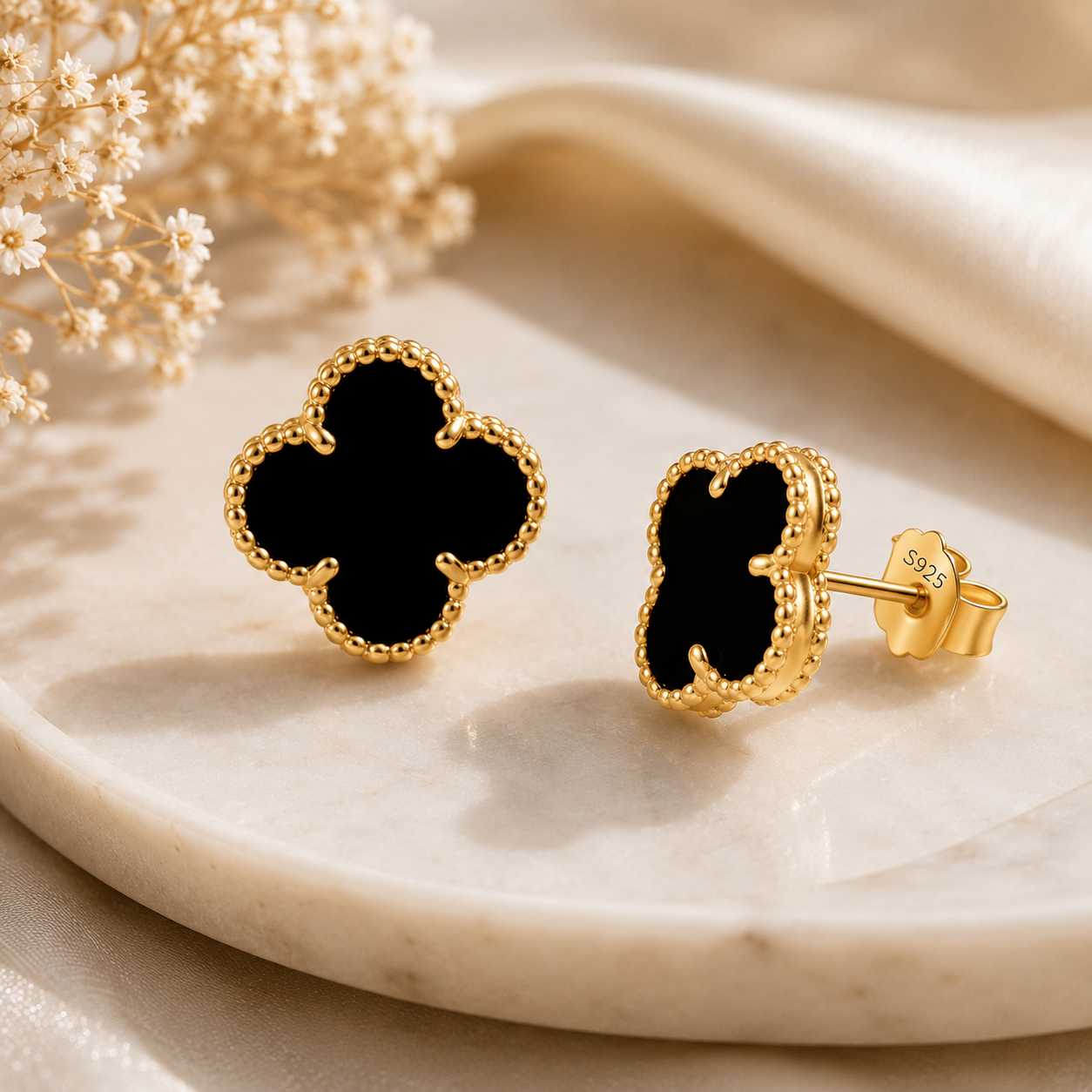 Black Clover Gold-Plated 925 Sterling Silver Stud Earrings