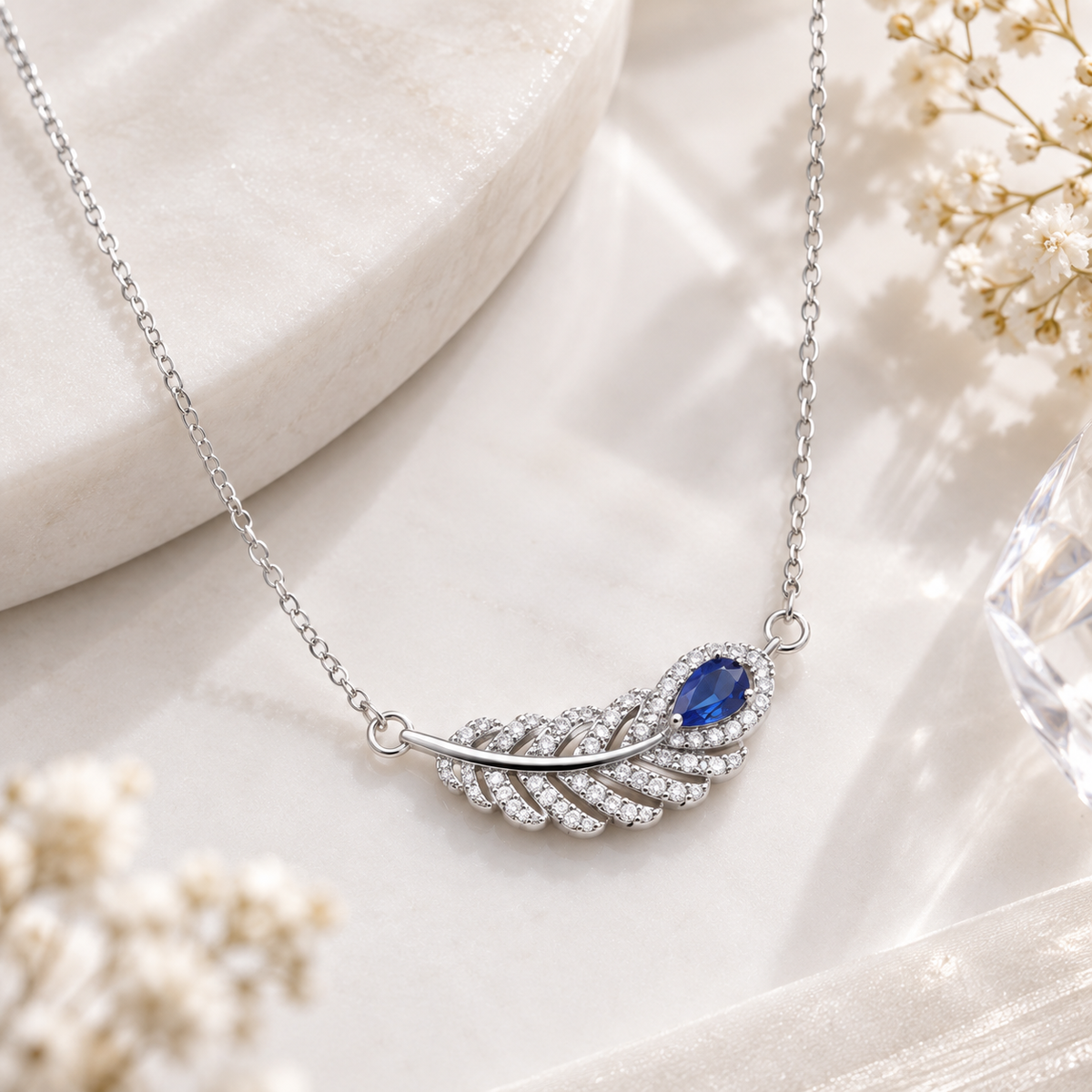 Blue Crystal Feather Necklace in 925 Sterling Silver