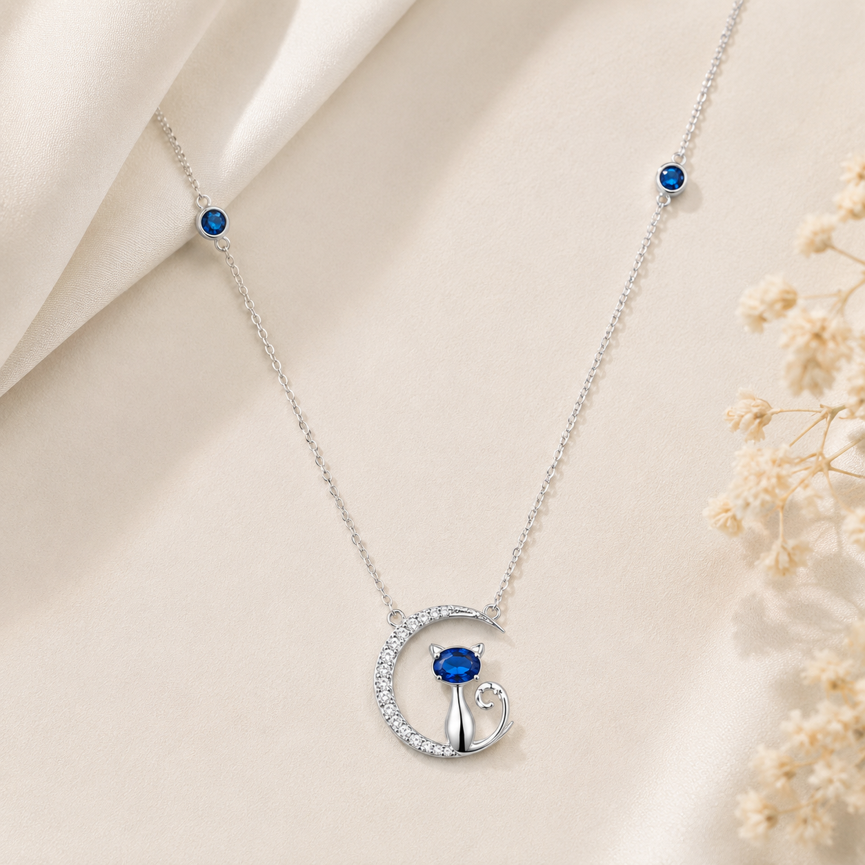 Moonlit Cat Blue Stone Sterling Silver Necklace