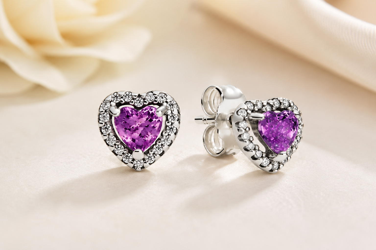 Heart Halo Stud Earrings with Pink Heart-Cut Stones