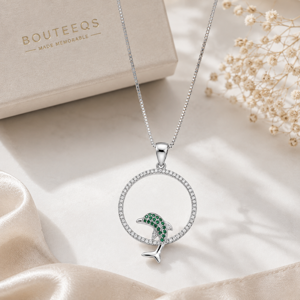 Emerald Dolphin Circle Sterling Silver Necklace