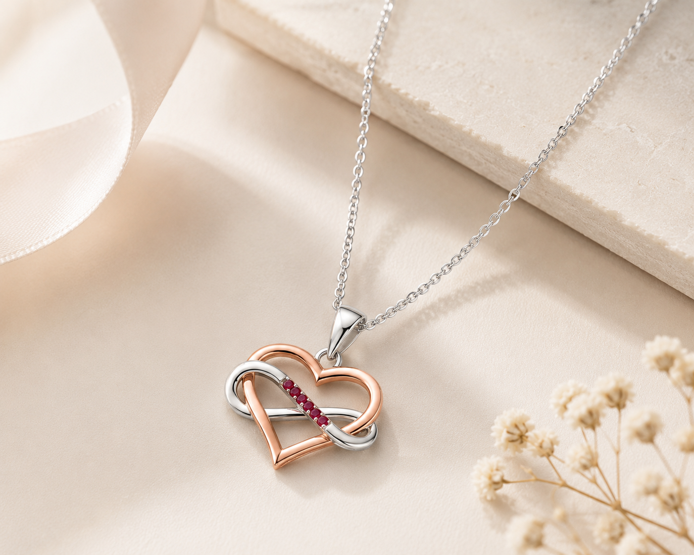 Romantic Heart & Infinity Pendant – Sterling Silver with Red Cubic Zirconia