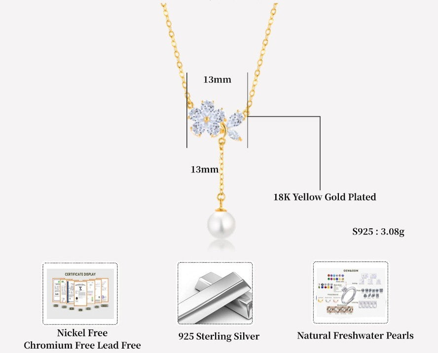 Flower Pendant Necklace with Zirconia and Pearl Drop