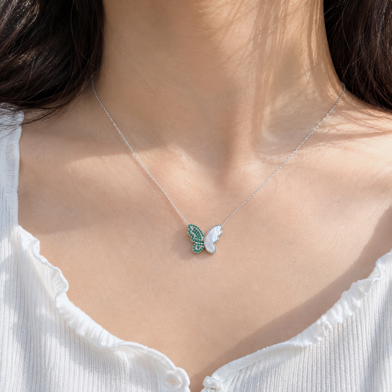 Emerald Butterfly Mother-of-Pearl Sterling Silver Necklace