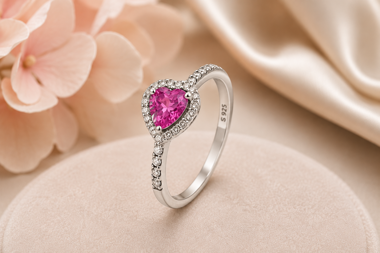 Heart Halo Ring with Pink Pear-Cut Stone