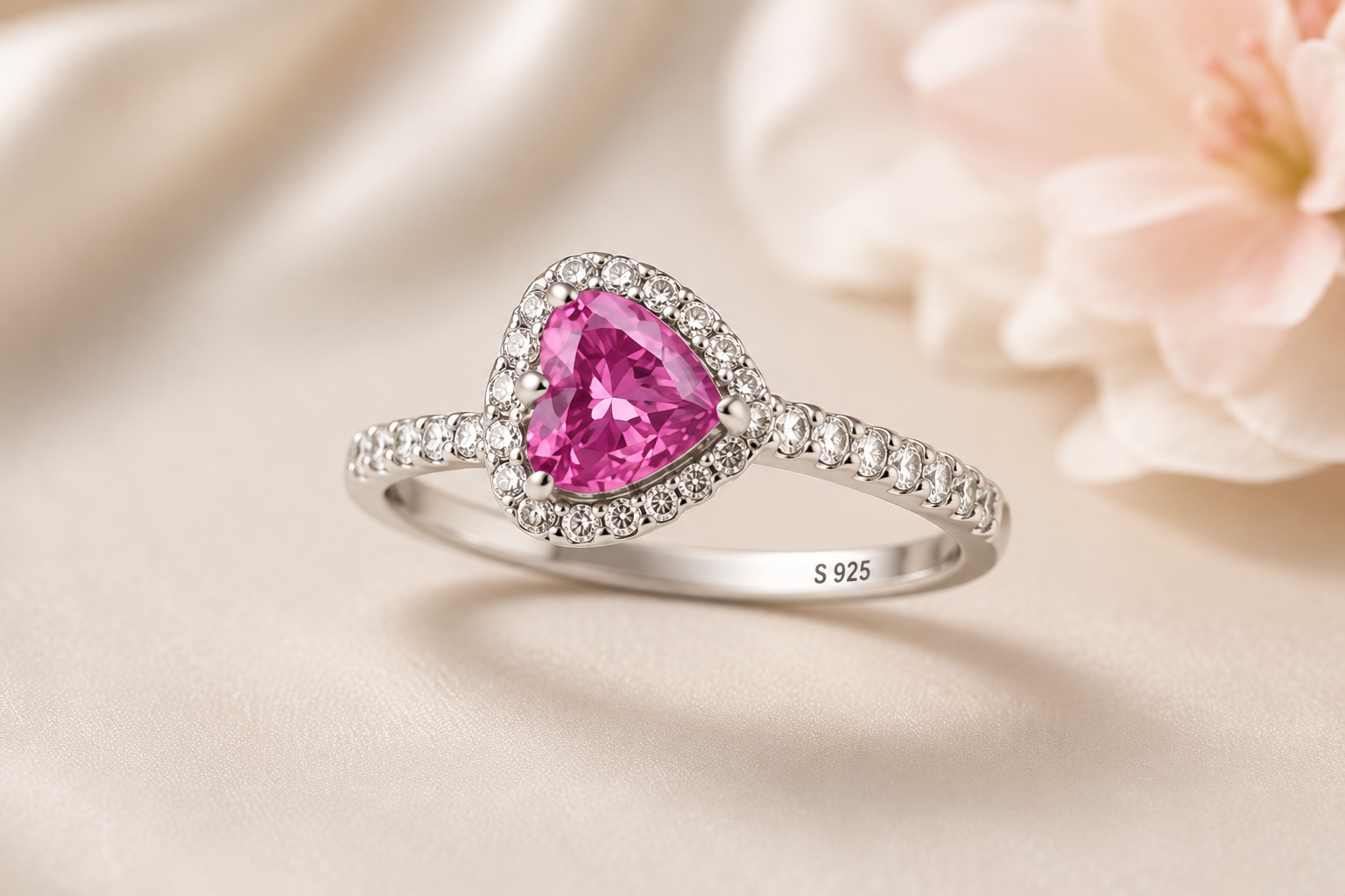 Heart Halo Ring with Pink Pear-Cut Stone