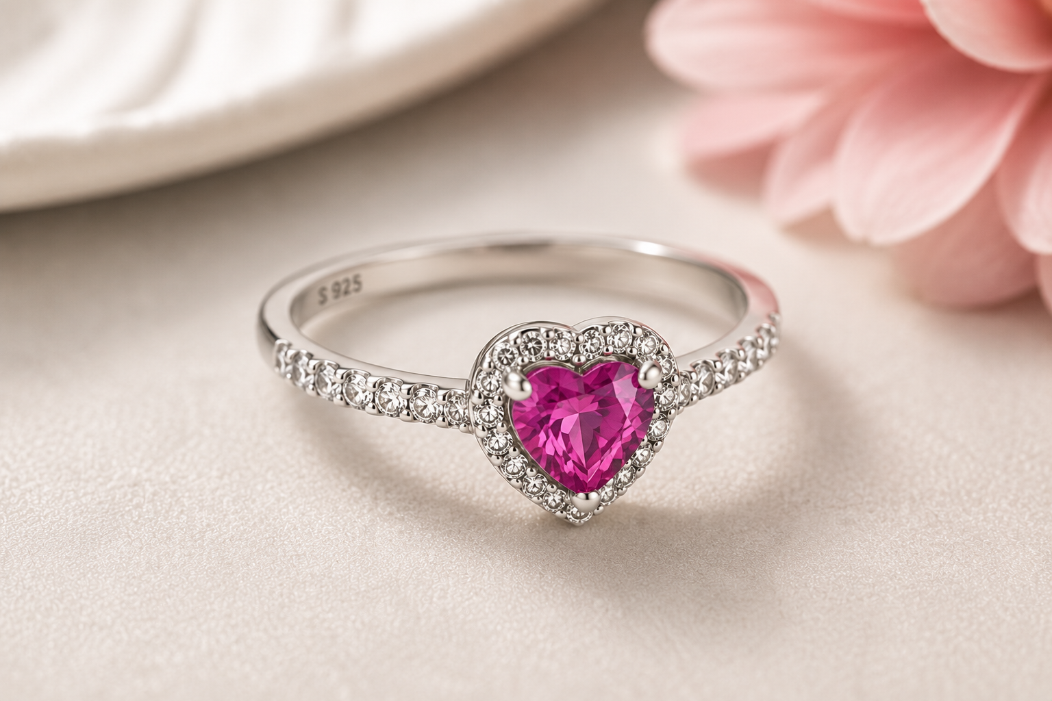 Heart Halo Ring with Pink Pear-Cut Stone