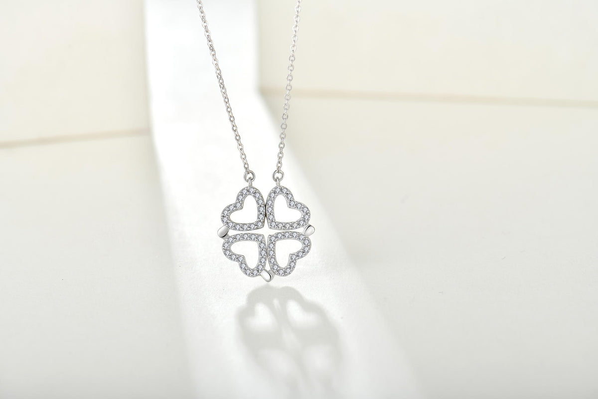 Elegant Rhodium Plated Four Leaf Clover Necklace with one Pink Heart – Convertible Design