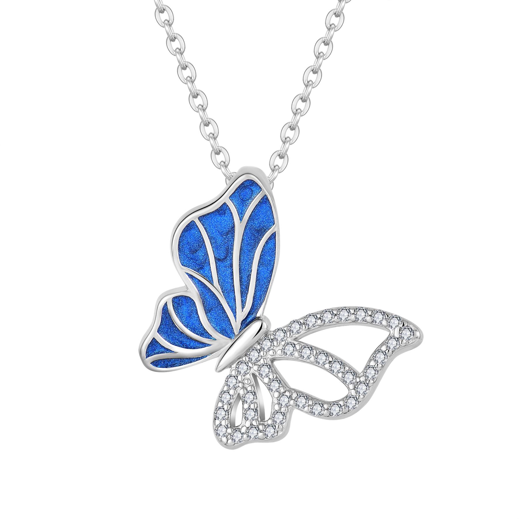 Classic 925 Sterling Silver Blue Enamel Butterfly Pendant Necklace