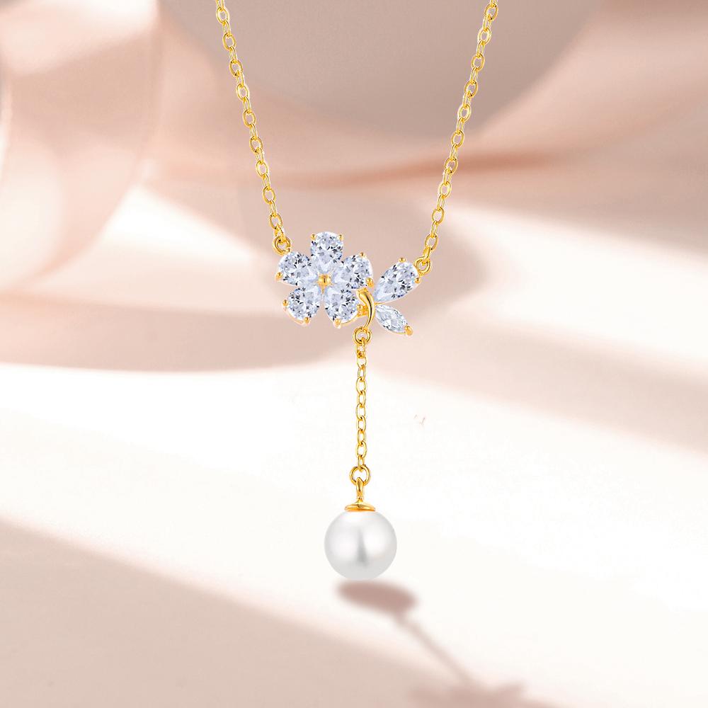 Flower Pendant Necklace with Zirconia and Pearl Drop