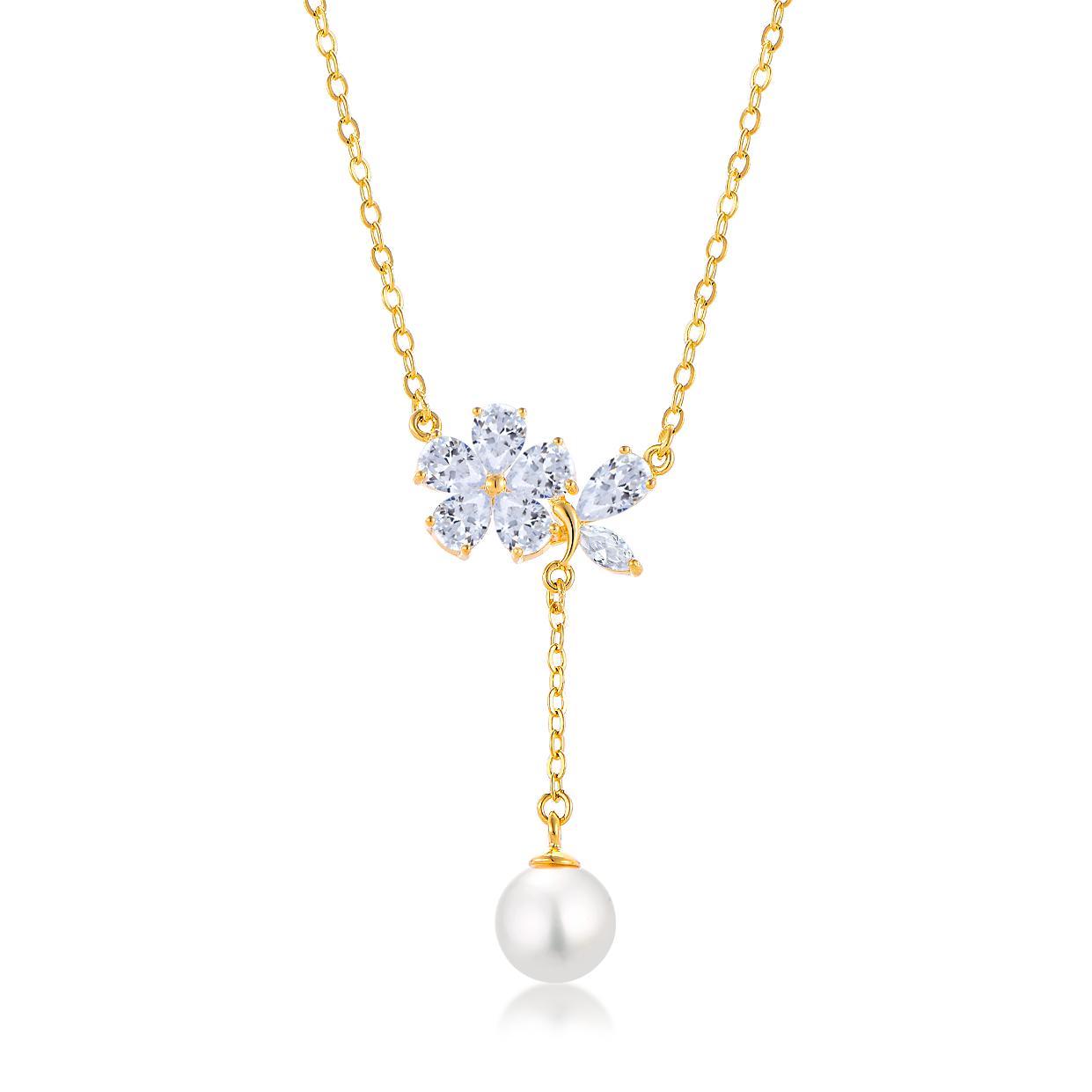 Flower Pendant Necklace with Zirconia and Pearl Drop