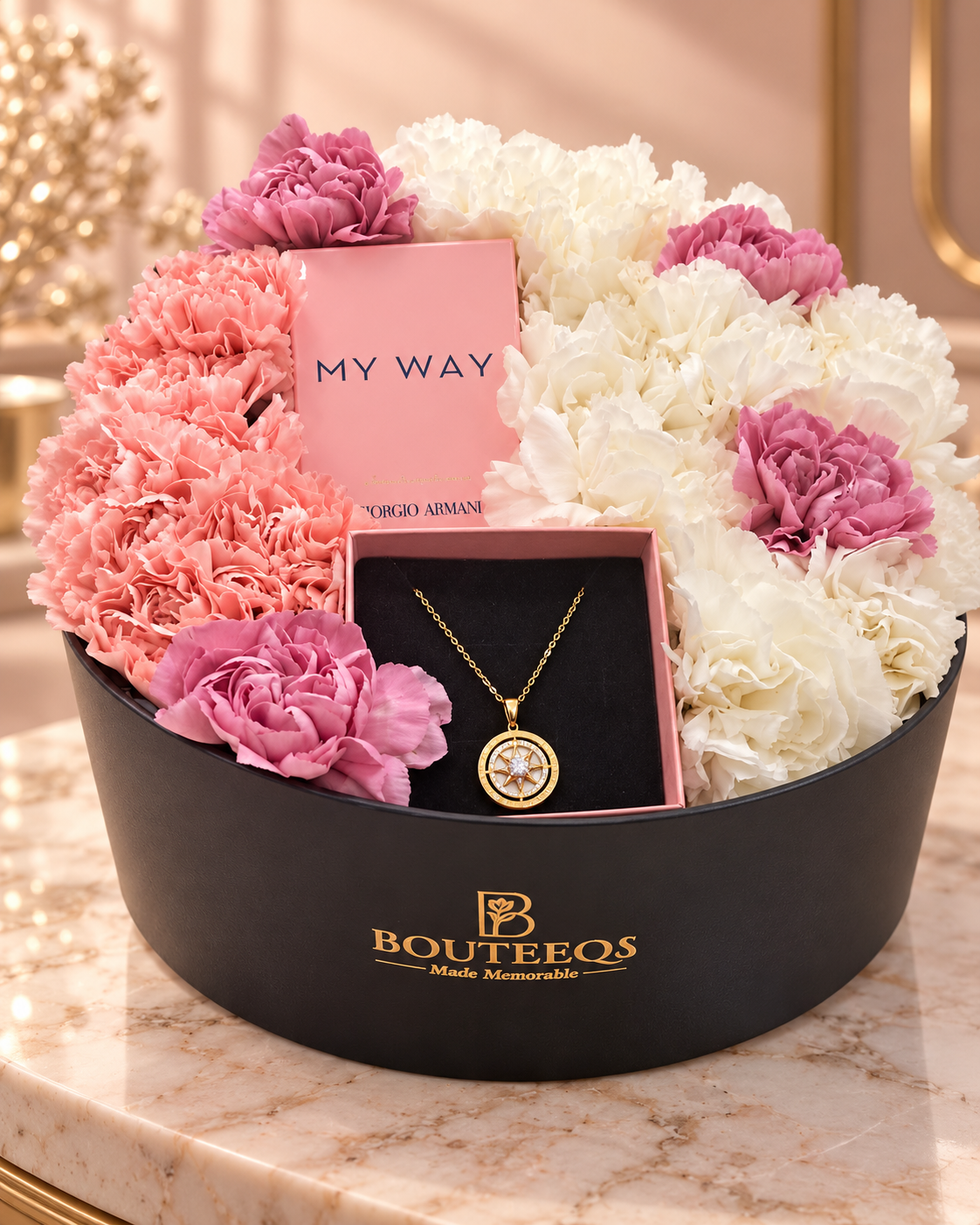 The Blush Affair – Luxury Flowers, Armani Perfume and Silver Necklace Gift Box