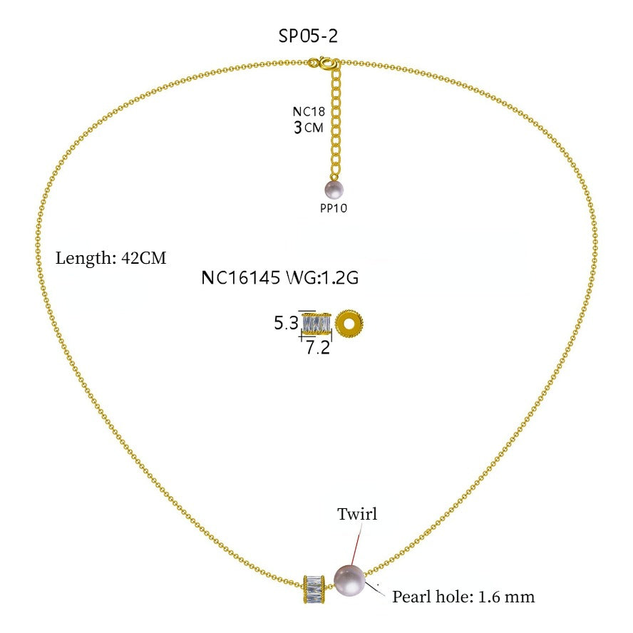 Luxury Necklace with Round Freshwater Pearl and Baguette Cut Zircon Pendant