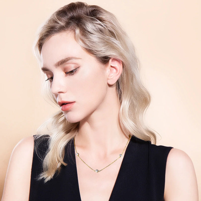 Simple Round Cut Moissanite Bezel Chain Tennis Necklace 18k Gold Plated