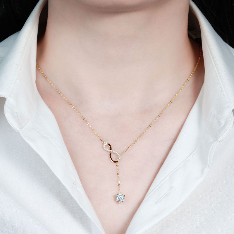 Gold Plated Sterling Silver Y Lariat Infinity Pendant Necklace with Moissanite