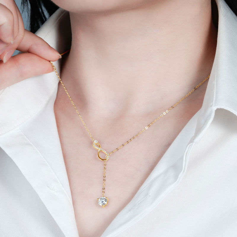 Gold Plated Sterling Silver Y Lariat Infinity Pendant Necklace with Moissanite