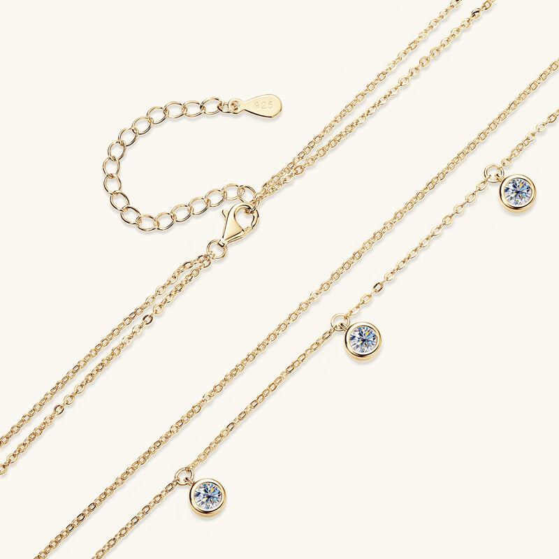 Double Chain Necklace – 4mm Round VVS1 Moissanite, 1.5cttw 18k Gold Plated