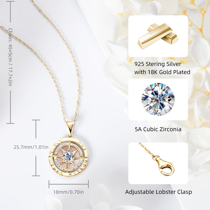 Compass Pendant Necklace with Exquisite Cubic Zirconia 18k Gold plated