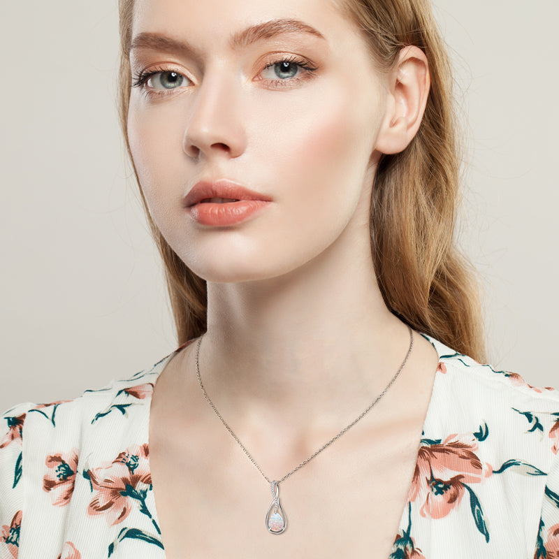 Gemstone Eternity Pendant Necklace with 10mm Pear-Cut White Synthetic Opal White Gold plated
