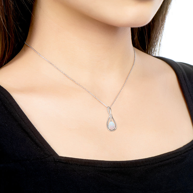 Gemstone Eternity Pendant Necklace with 10mm Pear-Cut White Synthetic Opal White Gold plated