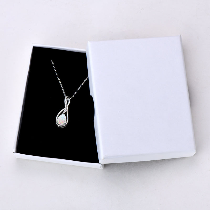 Gemstone Eternity Pendant Necklace with 10mm Pear-Cut White Synthetic Opal White Gold plated