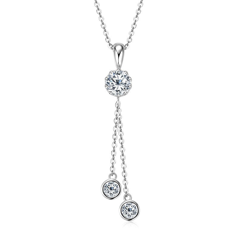 Moissanite Crown Tassel Drop Pendant Necklace with 6.5mm &amp; 4mm D/VVS1 White Gold plated