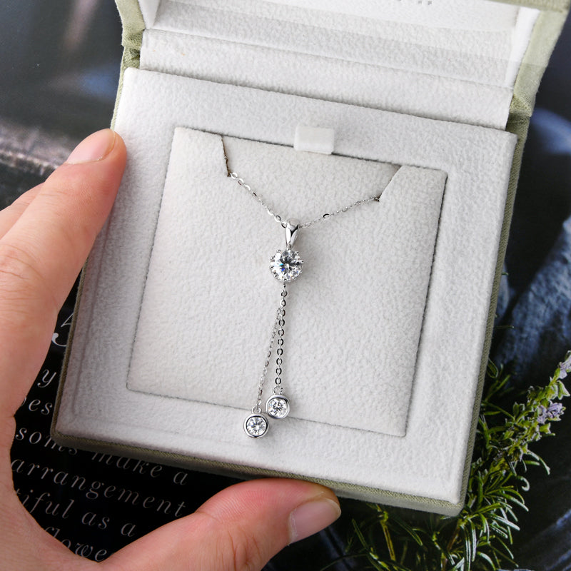 Moissanite Crown Tassel Drop Pendant Necklace with 6.5mm &amp; 4mm D/VVS1 White Gold plated