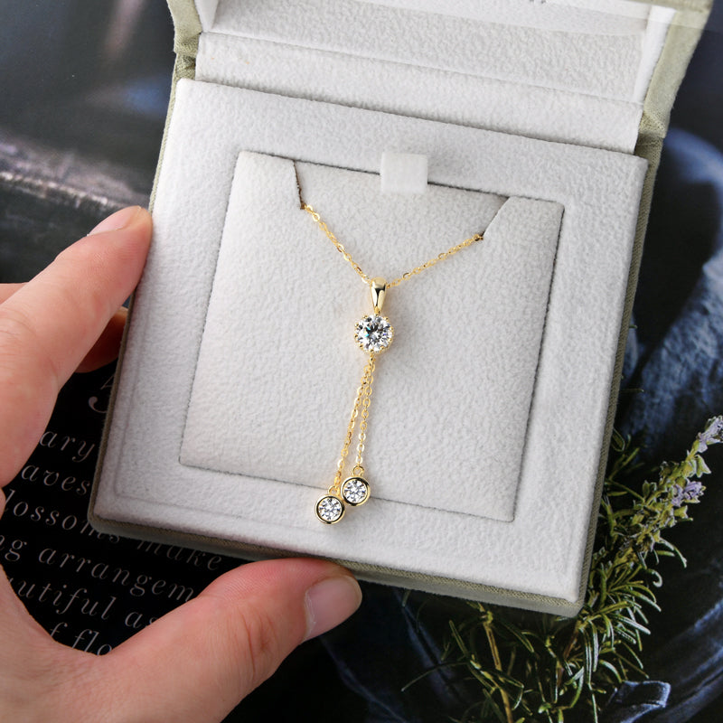 Moissanite Crown Tassel Drop Pendant Necklace with 6.5mm &amp; 4mm D/VVS1 18k Gold plated