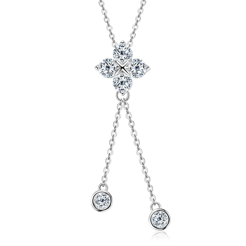 Four-Leaf Flower Moissanite Tassel Pendant Necklace White Gold plated (Copy)