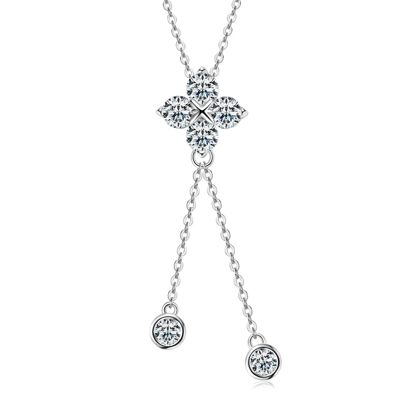Four-Leaf Flower Moissanite Tassel Pendant Necklace White Gold plated (Copy)