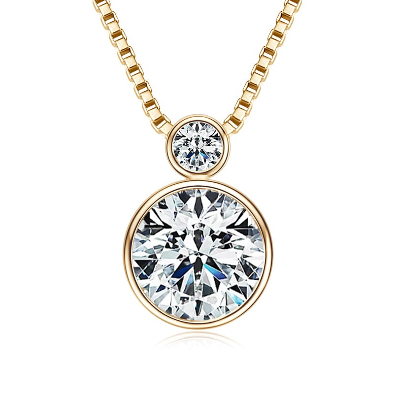 Double Bezel Moissanite Pendant Necklace – 2ct (8mm) and 3mm Stones with Box Chain