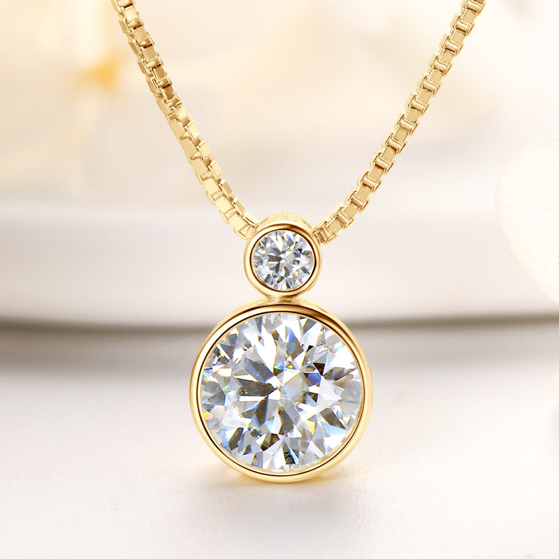 Double Bezel Moissanite Pendant Necklace – 2ct (8mm) and 3mm Stones with Box Chain