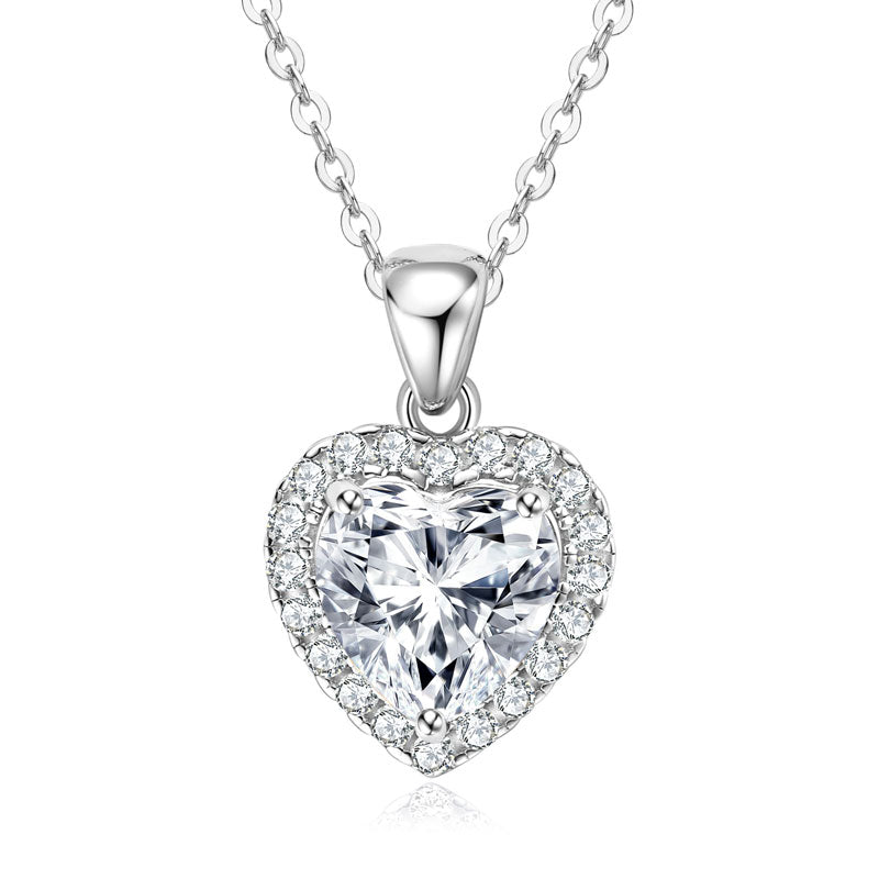 2CT Heart Shaped Moissanite Halo Pendant Necklace white Gold plated
