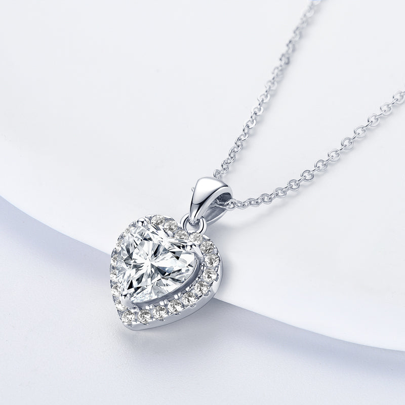 2CT Heart Shaped Moissanite Halo Pendant Necklace white Gold plated