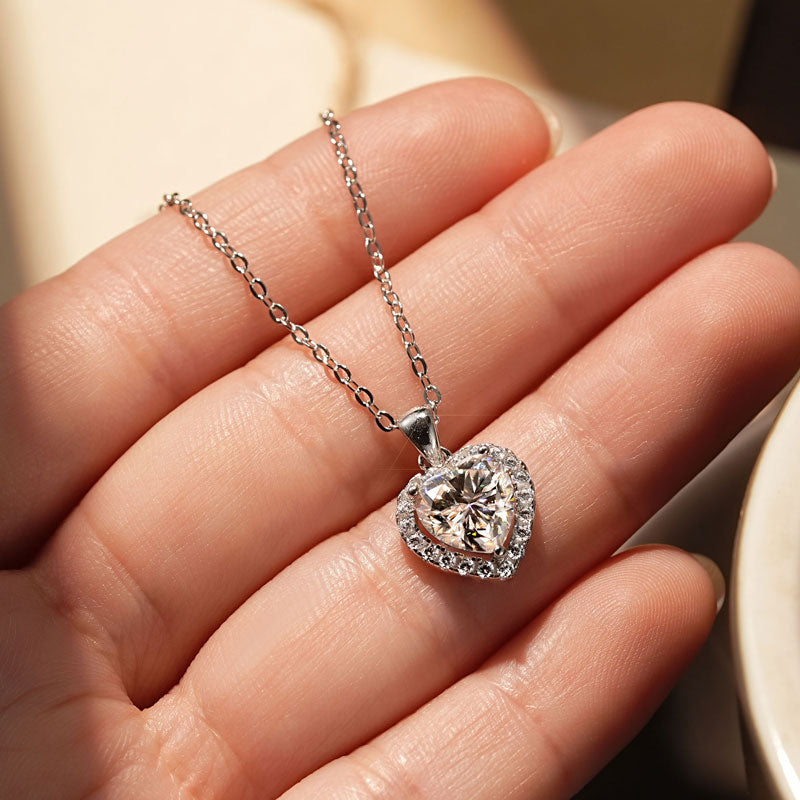 2CT Heart Shaped Moissanite Halo Pendant Necklace white Gold plated