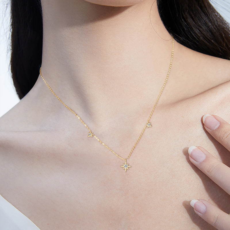 Unique Guide Star Pendant Necklace – 3mm &amp; 2mm Round VVS1 Moissanite 18k Gold plated