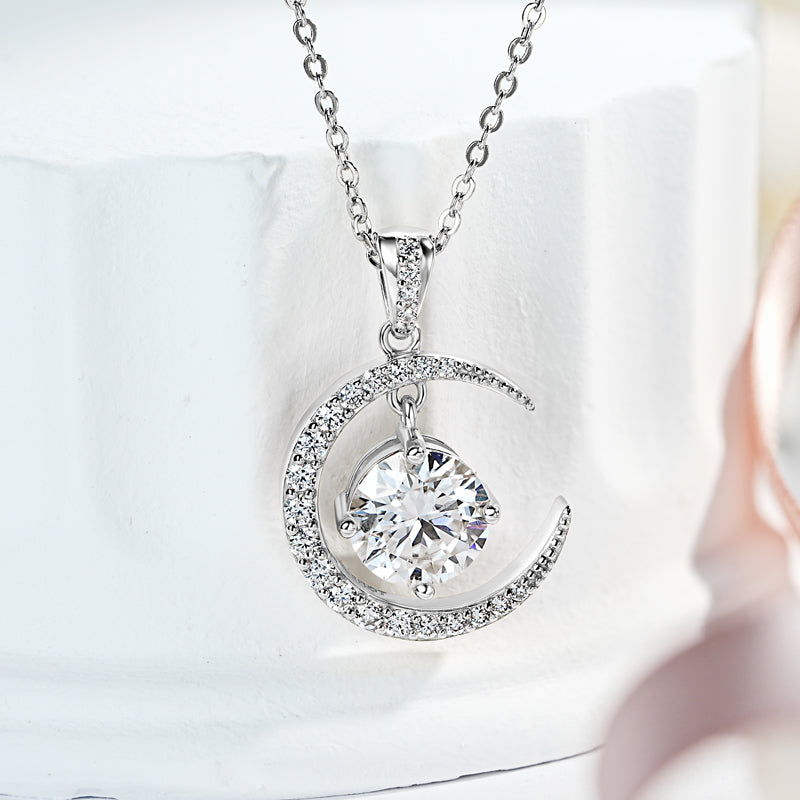 Exquisite Moon and Star Pendant Necklace Full Moissanite 2ct White Gold Plated