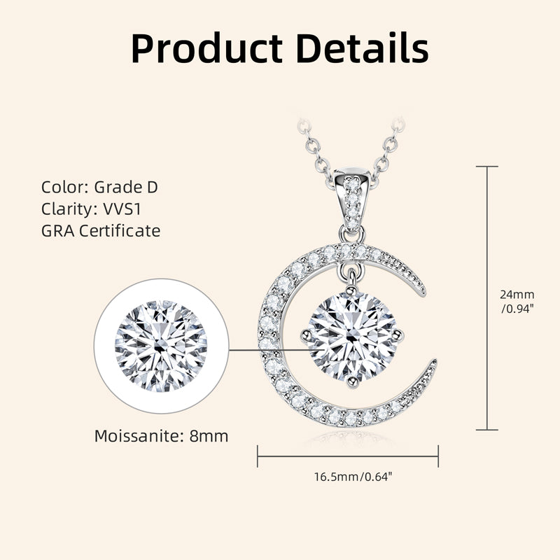 Exquisite Moon and Star Pendant Necklace Full Moissanite 2ct White Gold Plated