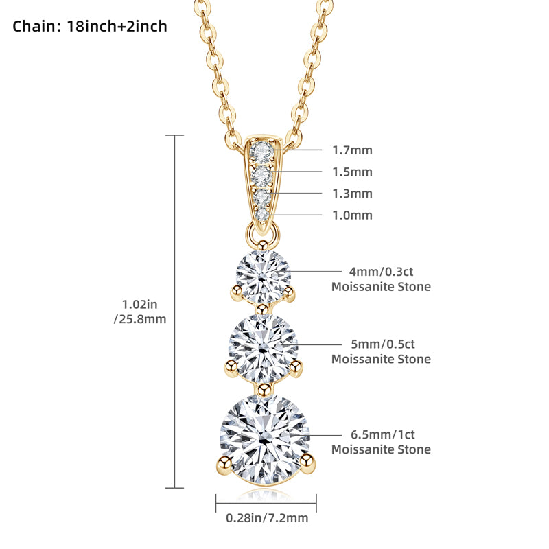 Elegant Three-Stone Moissanite Pendant Necklace – 18K Gold Plated, 1.85 CT D Colour