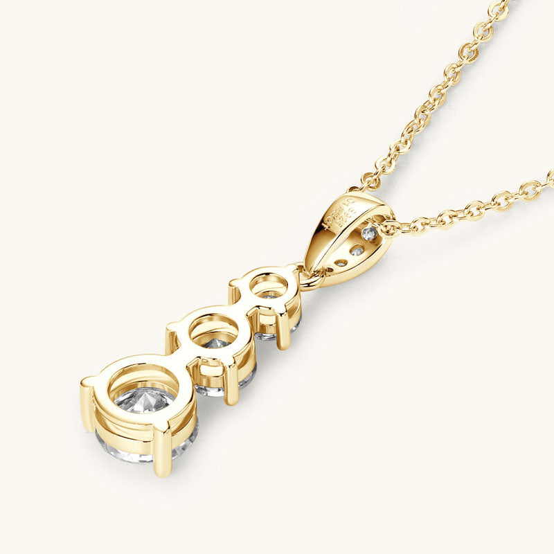 Elegant Three-Stone Moissanite Pendant Necklace – 18K Gold Plated, 1.85 CT D Colour