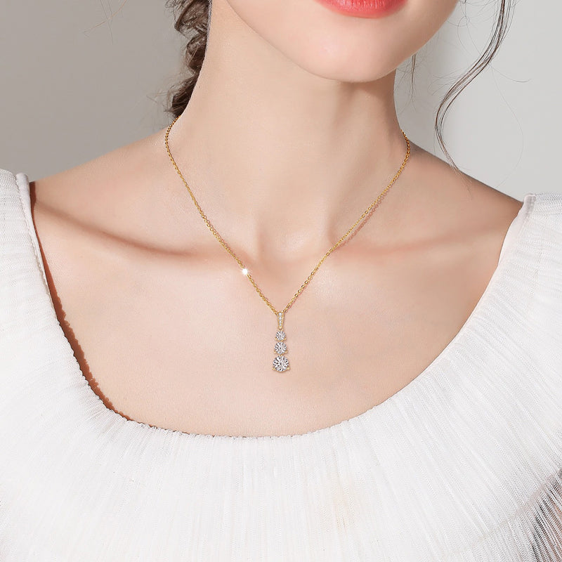 Elegant Three-Stone Moissanite Pendant Necklace – 18K Gold Plated, 1.85 CT D Colour