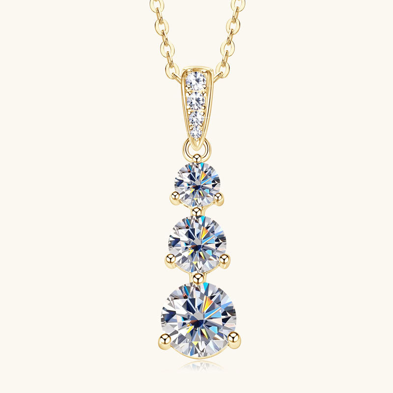 Elegant Three-Stone Moissanite Pendant Necklace – 18K Gold Plated, 1.85 CT D Colour