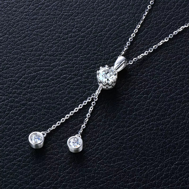 Moissanite Crown Tassel Drop Pendant Necklace with 6.5mm &amp; 4mm D/VVS1 White Gold plated