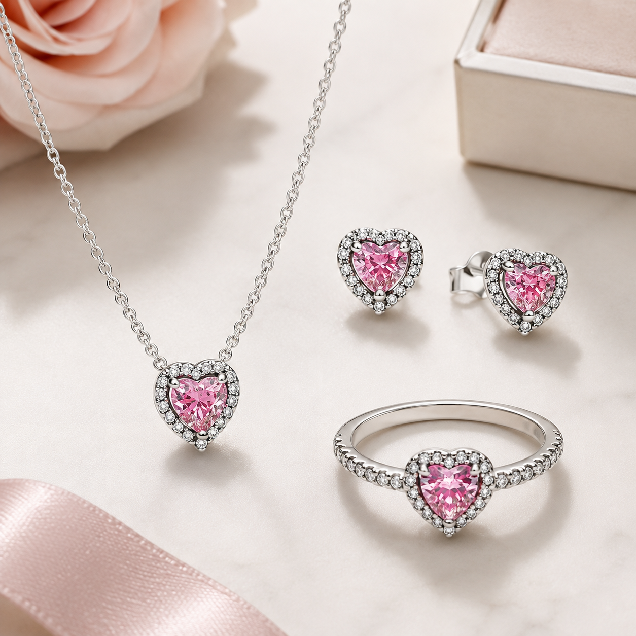 Pink Heart Sparkle Jewelry Set – Necklace, Earrings & Ring