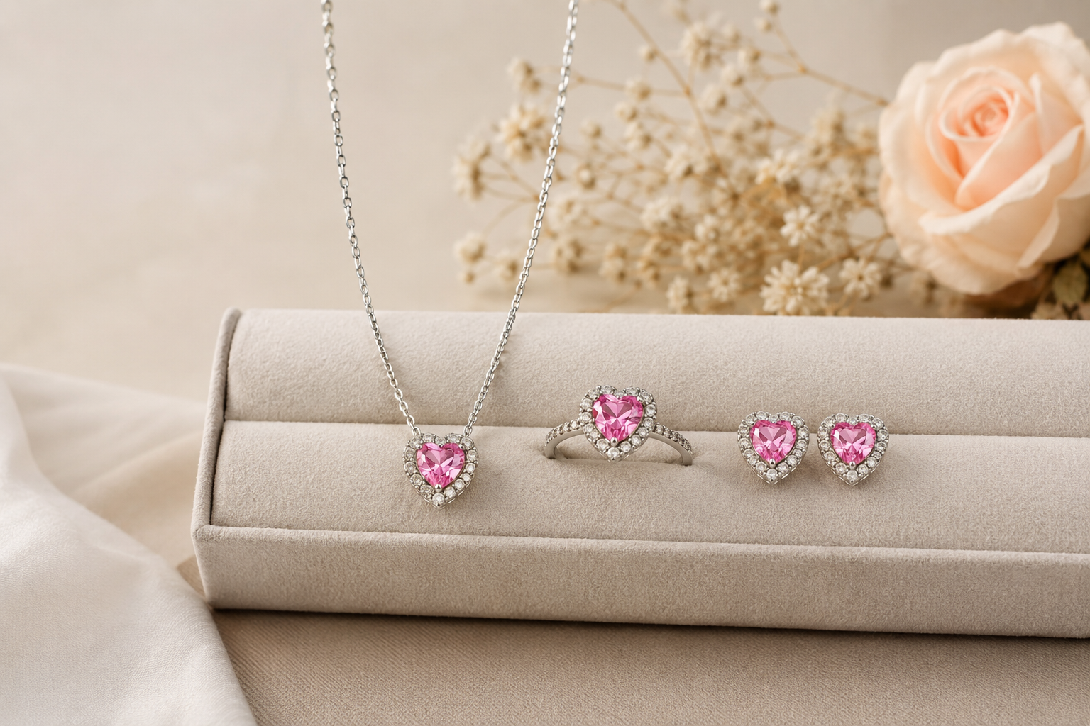 Pink Heart Sparkle Jewelry Set – Necklace, Earrings & Ring